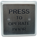 Flush Mounted, Push Plate Switch, Press to Operate Door, Hardwired, 4.5in x 4.5in, 15 Amp, 125VAC, Single or Double Gang Electrical Box, Stainless Steel with Black Letters (Press to Operate Door)