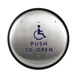 Flush Mount Push Plate Switch, Press to Operate Door, Hardwired or RF, 6in Round, Stainless Steel with Blue Letters (Press to Open) and ADA Symbol