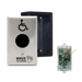 Hands-Free Switch, Battery Powered, Wireless, (2) CM-336/42S Single Gang Stainless Steel Switch, (Wave to Open and Logo) Black Graphics, (2) CM-34BL Surface Box, (1) CM-RX-90v2 Relay Receiver Stainless Steel Faceplate.