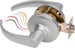Electrified Cylindrical Lockset, 7-Pin SFIC Prep, FSE Fail Secure, Dual Voltage 12/24VDC, Clutched Galaxy Lever, SPDT, Output, ANSI Strike, Grade 1, Exterior Locked Only, Interior Free Egress, 626/US26D Satin Chrome