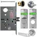 KIT - Intruder Mortise Lock with Deadbolt, Citation Lever with A Rose Trim, 2 Each LFIC 6-Pin Large Format Interchangeable Core Mortise Housings, A01 Clover Cam, Less IC Cores, V10 Outside Indicator Engraved (Locked/Unlocked, Green/Red) (Left Hand LH/LHR), V01 Inside Indicator (Locked/Unlocked, Green/Red), ANSI Strike SS118, 626/US26D Satin Chrome