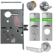 KIT - Intruder Mortise Lock with Deadbolt, Citation Lever with A Rose Trim, 2 Each Standard 1-1/8 Mortise Cylinders, A01 Clover Cam, L4 Keyway 0-Bit, V10 Outside Indicator Engraved (Locked/Unlocked, Green/Red) (Left Hand LH/LHR), V01 Inside Indicator (Locked/Unlocked, Green/Red), ANSI Strike SS118, 626/US26D Satin Chrome