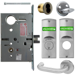 KIT - Intruder Mortise Lock with Deadbolt, Lustra Lever with A Rose Trim, 2 Each LFIC 6-Pin Large Format Interchangeable Core Mortise Housings, A01 Clover Cam, Less IC Cores, V10 Outside Indicator Engraved (Locked/Unlocked, Green/Red) (Left Hand LH/LHR), V01 Inside Indicator (Locked/Unlocked, Green/Red), ANSI Strike SS118, 626/US26D Satin Chrome