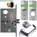 KIT - Intruder Mortise Lock with Deadbolt, Newport Lever with A Rose Trim, 2 Each LFIC 6-Pin Large Format Interchangeable Core Mortise Housings, A01 Clover Cam, Less IC Cores, V10 Outside Indicator Engraved (Locked/Unlocked, Green/Red) (Left Hand LH/LHR), V01 Inside Indicator (Locked/Unlocked, Green/Red), ANSI Strike SS118, 626/US26D Satin Chrome