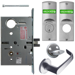 KIT - Intruder Mortise Lock with Deadbolt, Newport Lever with A Rose Trim, Less 2 Each 1-1/8 Mortise Cylinders, V10 Outside Indicator Engraved (Locked/Unlocked, Green/Red) (Left Hand LH/LHR), V01 Inside Indicator (Locked/Unlocked, Green/Red), ANSI Strike SS118, 626/US26D Satin Chrome