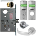 KIT - Intruder Mortise Lock with Deadbolt, Princeton Lever with A Rose Trim, 2 Each LFIC 6-Pin Large Format Interchangeable Core Mortise Housings, A01 Clover Cam, Less IC Cores, V10 Outside Indicator Engraved (Locked/Unlocked, Green/Red) (Left Hand LH/LHR), V01 Inside Indicator (Locked/Unlocked, Green/Red), ANSI Strike SS118, 626/US26D Satin Chrome