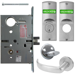KIT - Intruder Mortise Lock with Deadbolt, Princeton Lever with A Rose Trim, Less 2 Each 1-1/8 Mortise Cylinders, V10 Outside Indicator Engraved (Locked/Unlocked, Green/Red) (Left Hand LH/LHR), V01 Inside Indicator (Locked/Unlocked, Green/Red), ANSI Strike SS118, 626/US26D Satin Chrome