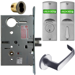 KIT - Dormitory Mortise Lock with Deadbolt, Newport Lever with A Rose Trim, LFIC 6-Pin Large Format Interchangeable Core Mortise Housing, A01 Clover Cam, Less IC Core, V10 Outside Indicator Engraved (Locked/Unlocked, Green/Red) (Left Hand LH/LHR), V01 Inside Indicator (Locked/Unlocked, Green/Red), ANSI Strike SS118, 626/US26D Satin Chrome